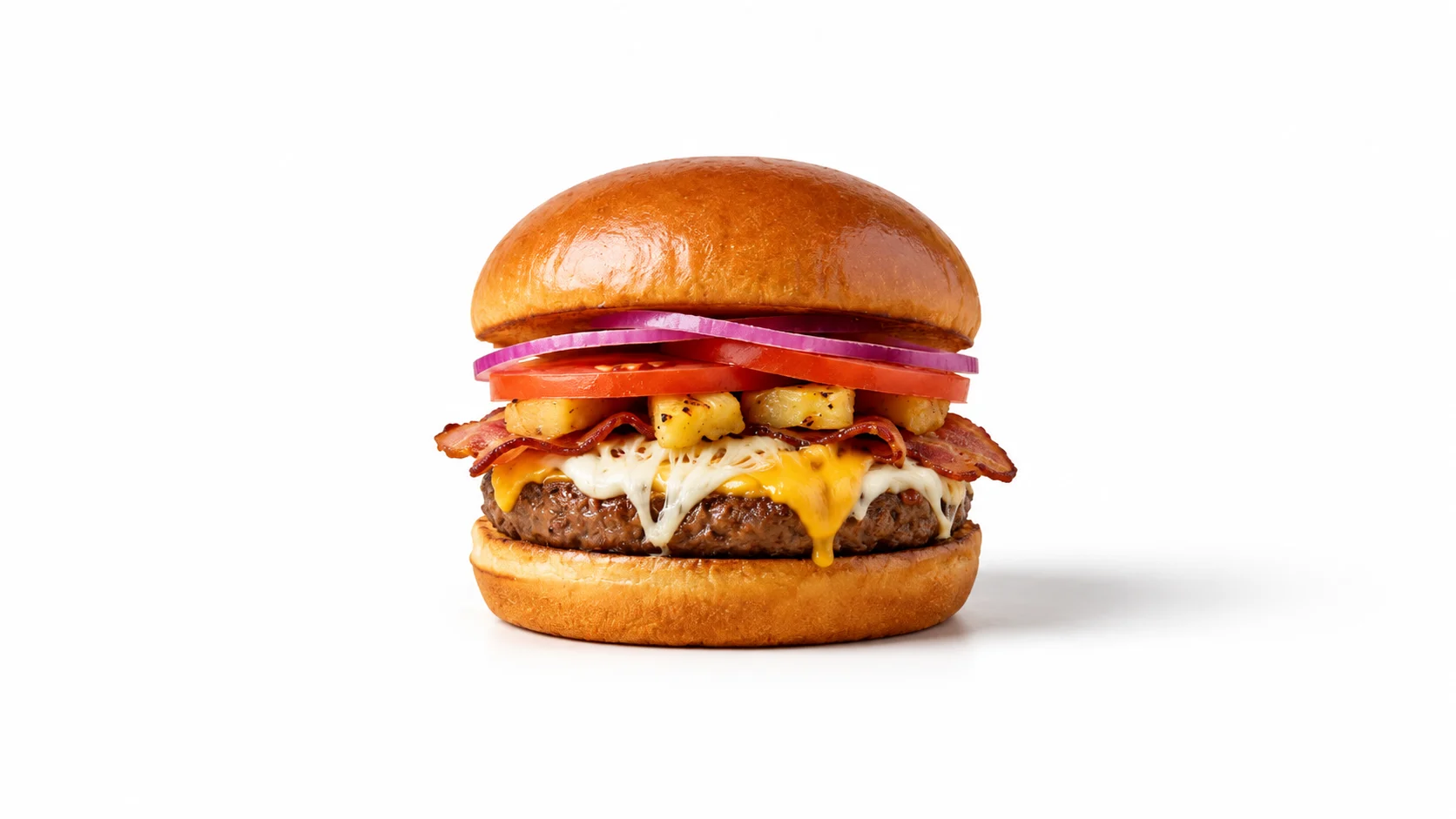 Hamburguesa Galáktica con piña, tocino, jamón y tres quesos
