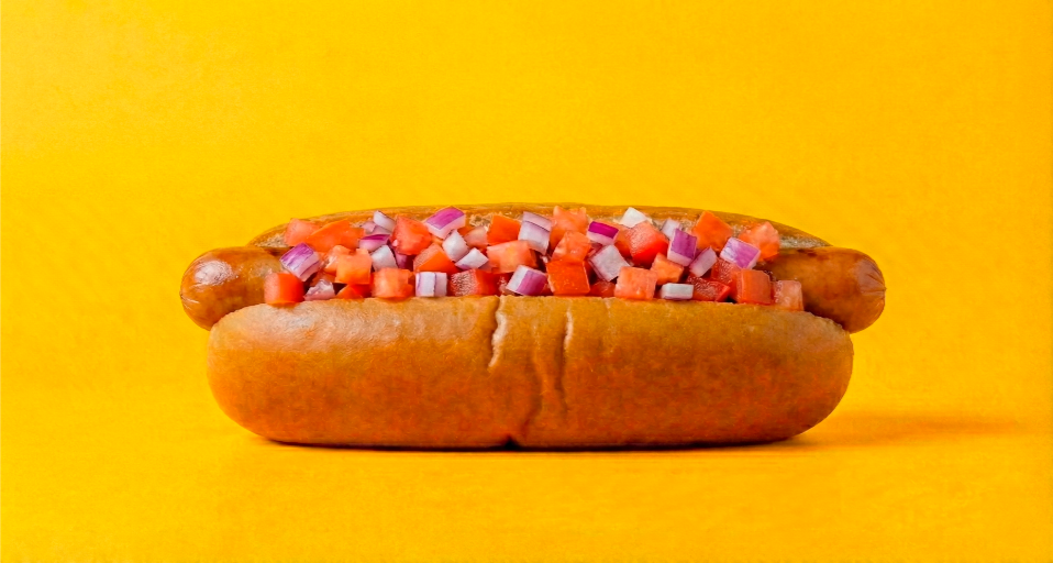 Perro Lunar hocho tomate cebolla Moon Burger