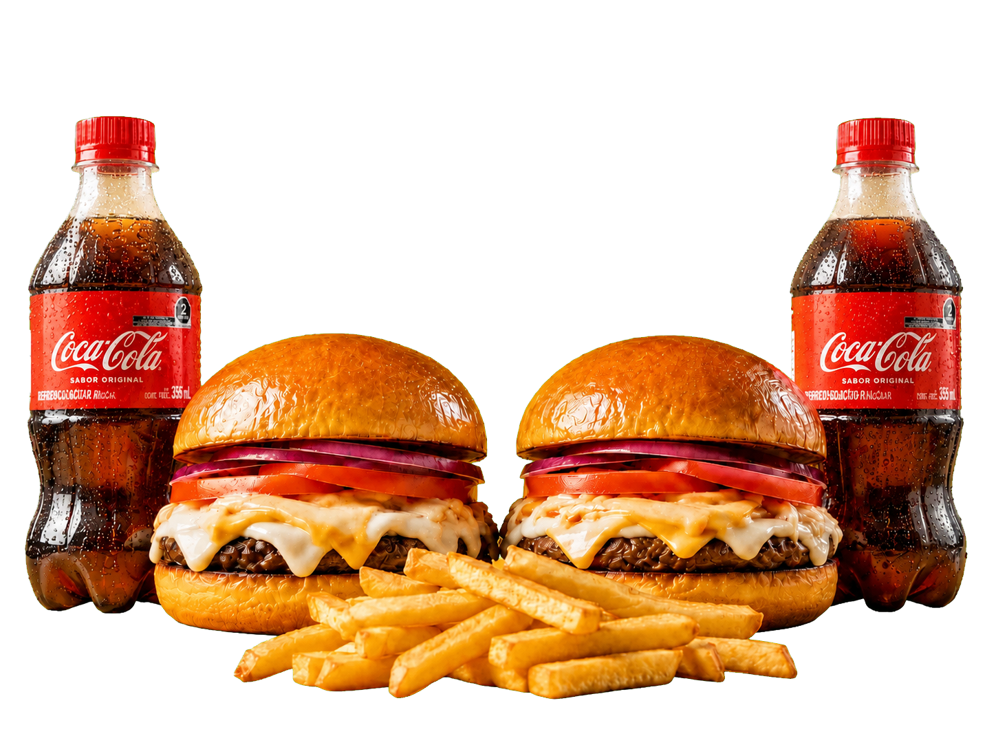 Dos hamburguesas Stella, papas a la francesa y dos refrescos Coca-Cola