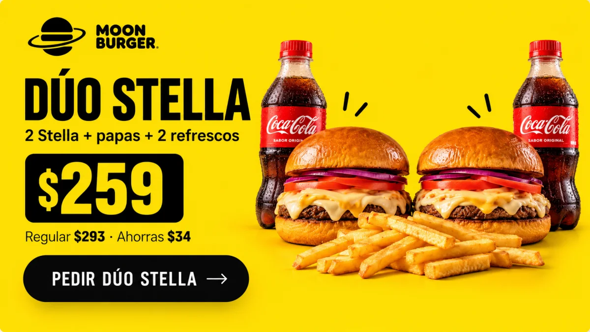 Dúo Stella con dos hamburguesas, papas y dos refrescos