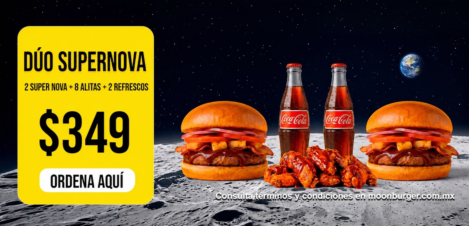 Dúo Supernova: 2 hamburguesas Súper Nova, 8 alitas y 2 refrescos por $349